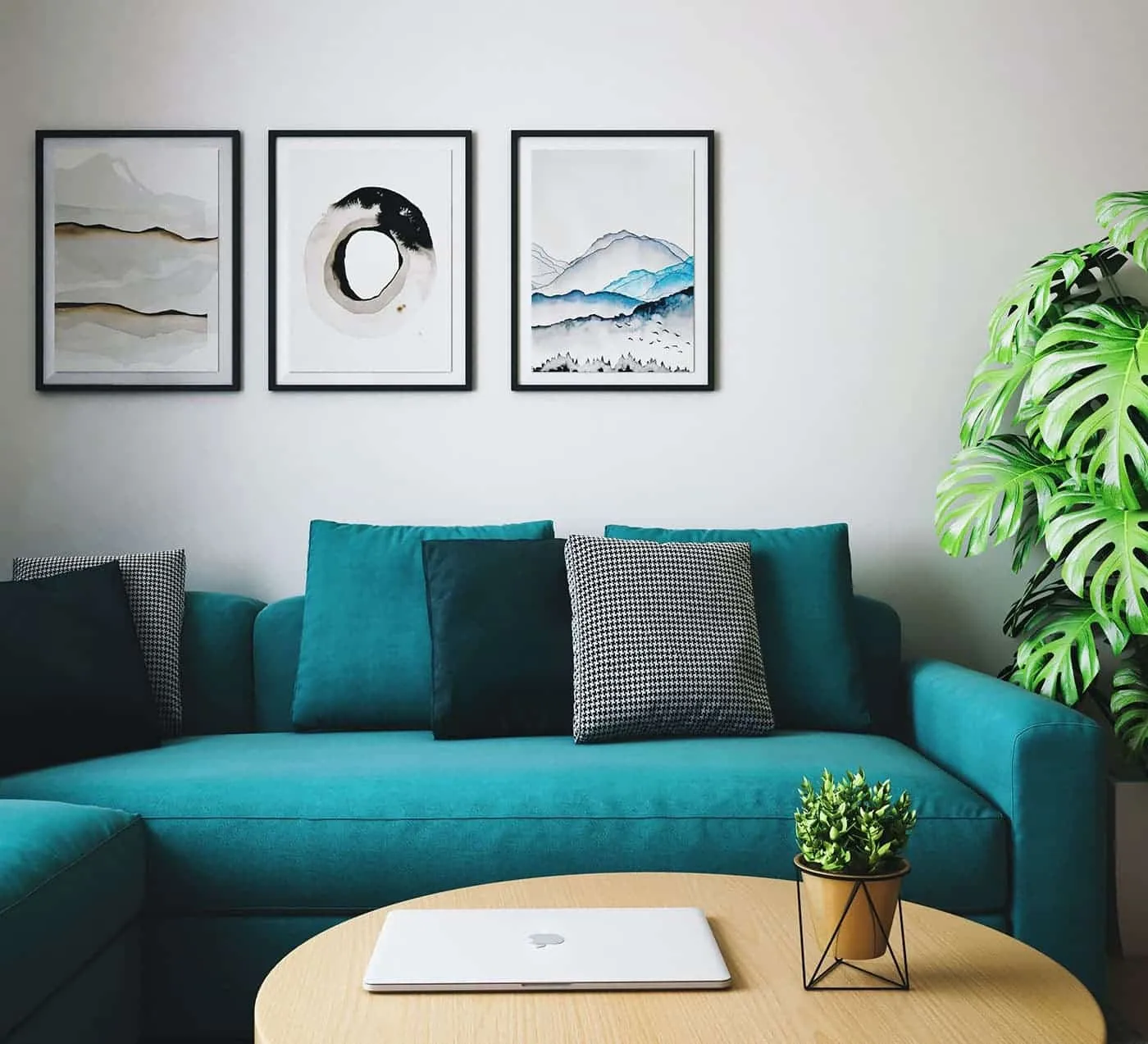 Living room with a green sofa