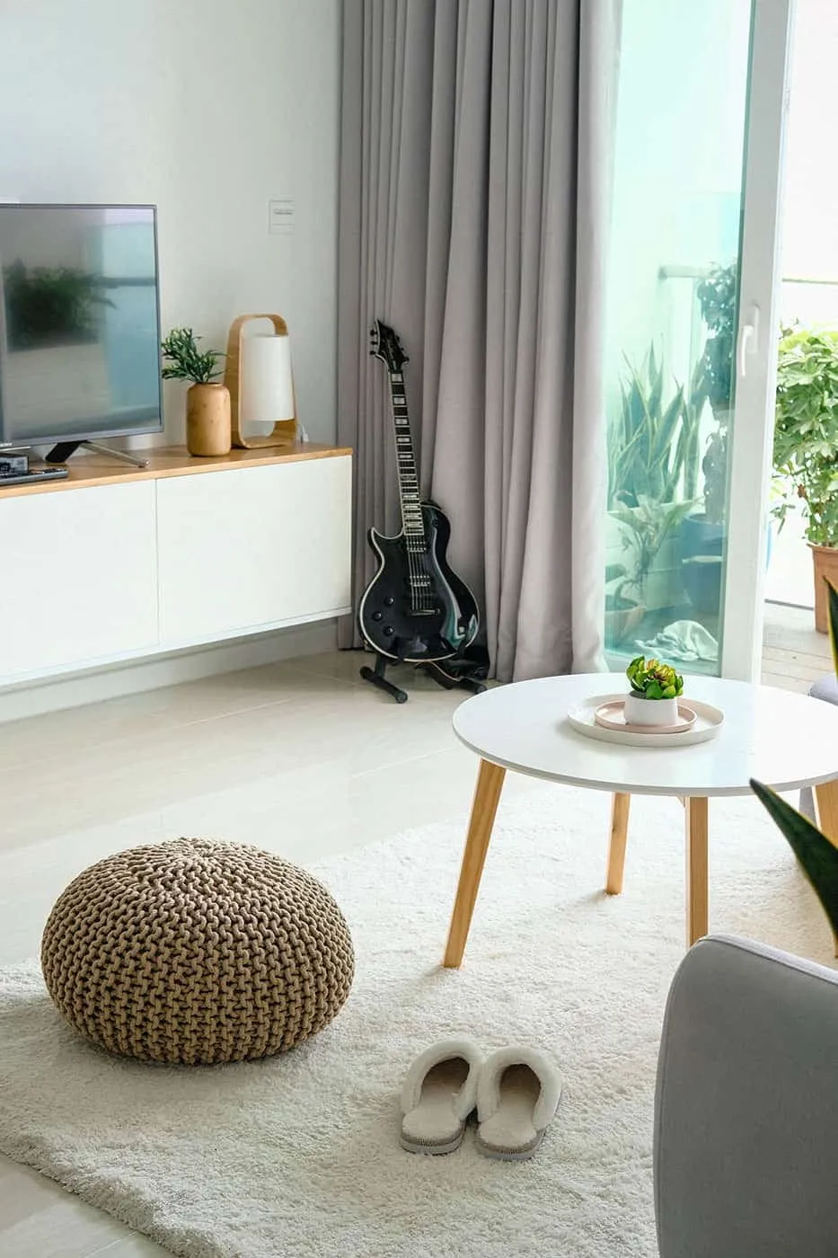 Bright living room with wooden accents