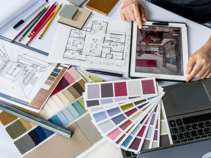 Material and colour samples for an interior design